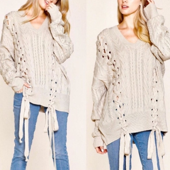 Boutique Sweaters - Wool Blend Double Lace Up Cable Knit Sweater Slouchy Boyfriend Fit Size Small